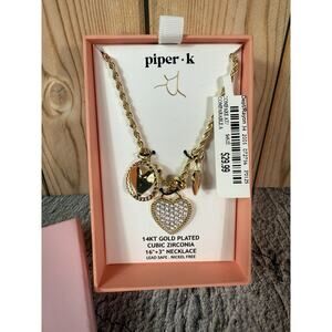 NIB Piper K 14K Gold Plated Cubic Zirconia 3 Heart Charm Necklace Braided Chain